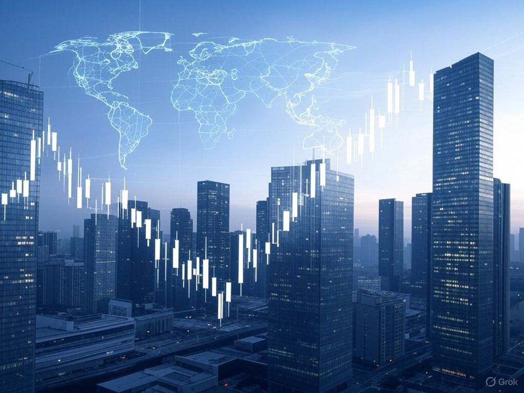 Modern financial district skyline with a global market overlay